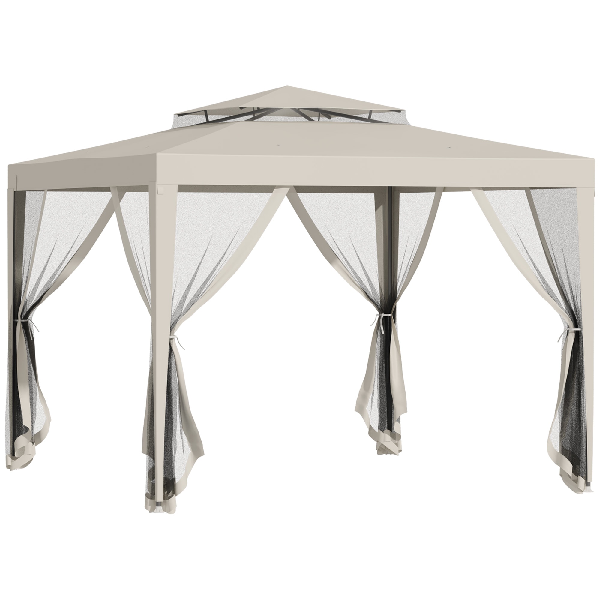 Foisor de gradina cu plasa de tantari cu acoperis dublu si cadru Outsunny, 297x297x268 cm, Metal, Bej