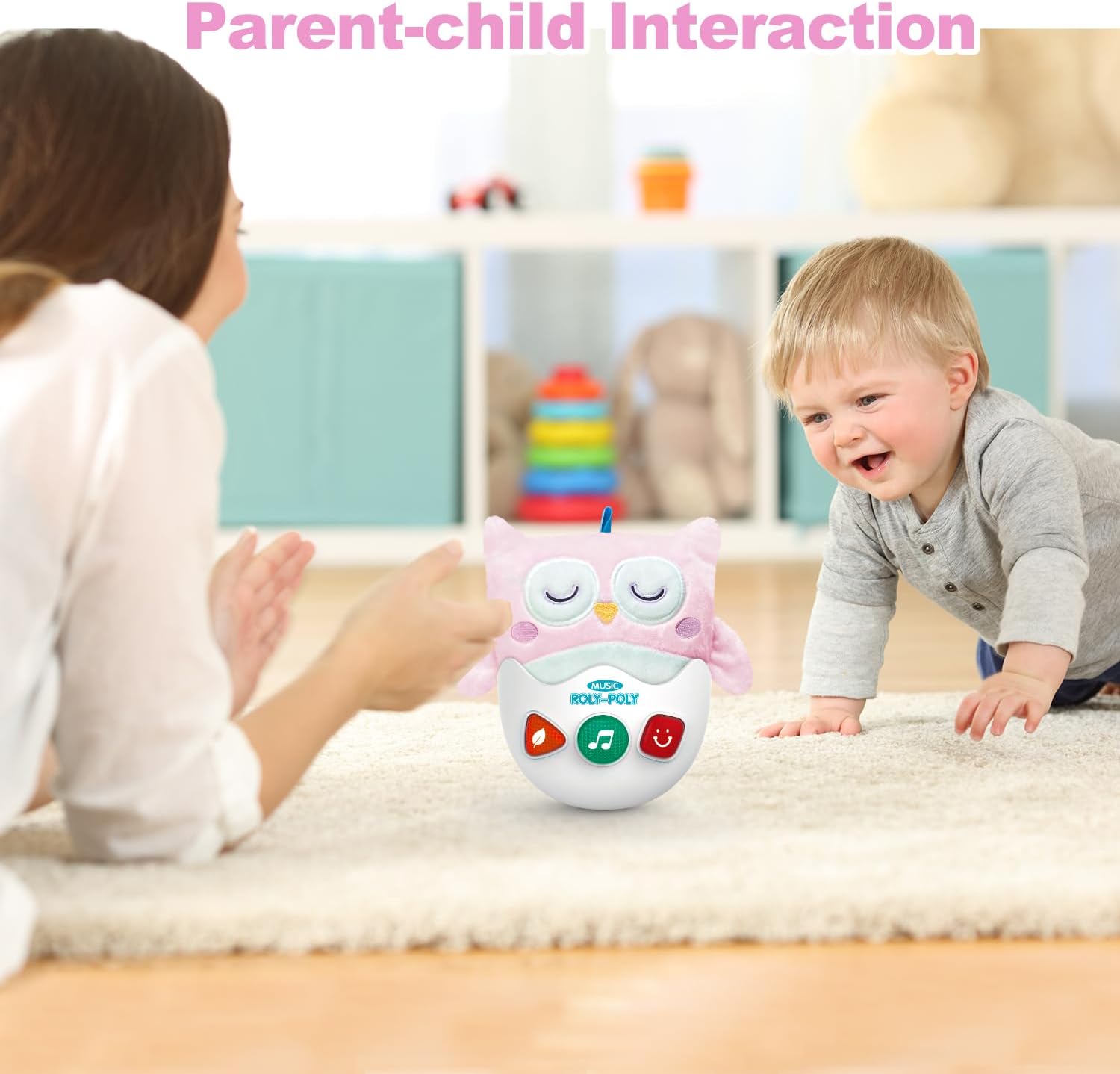 Jucarie interactiva Giftry, Bufnita, Material plus, Cu elemente senzoriale, muzica si lumini, 6 luni+, Roz