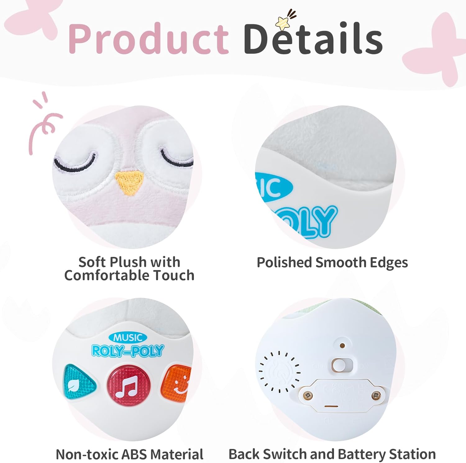 Jucarie interactiva Giftry, Bufnita, Material plus, Cu elemente senzoriale, muzica si lumini, 6 luni+, Roz