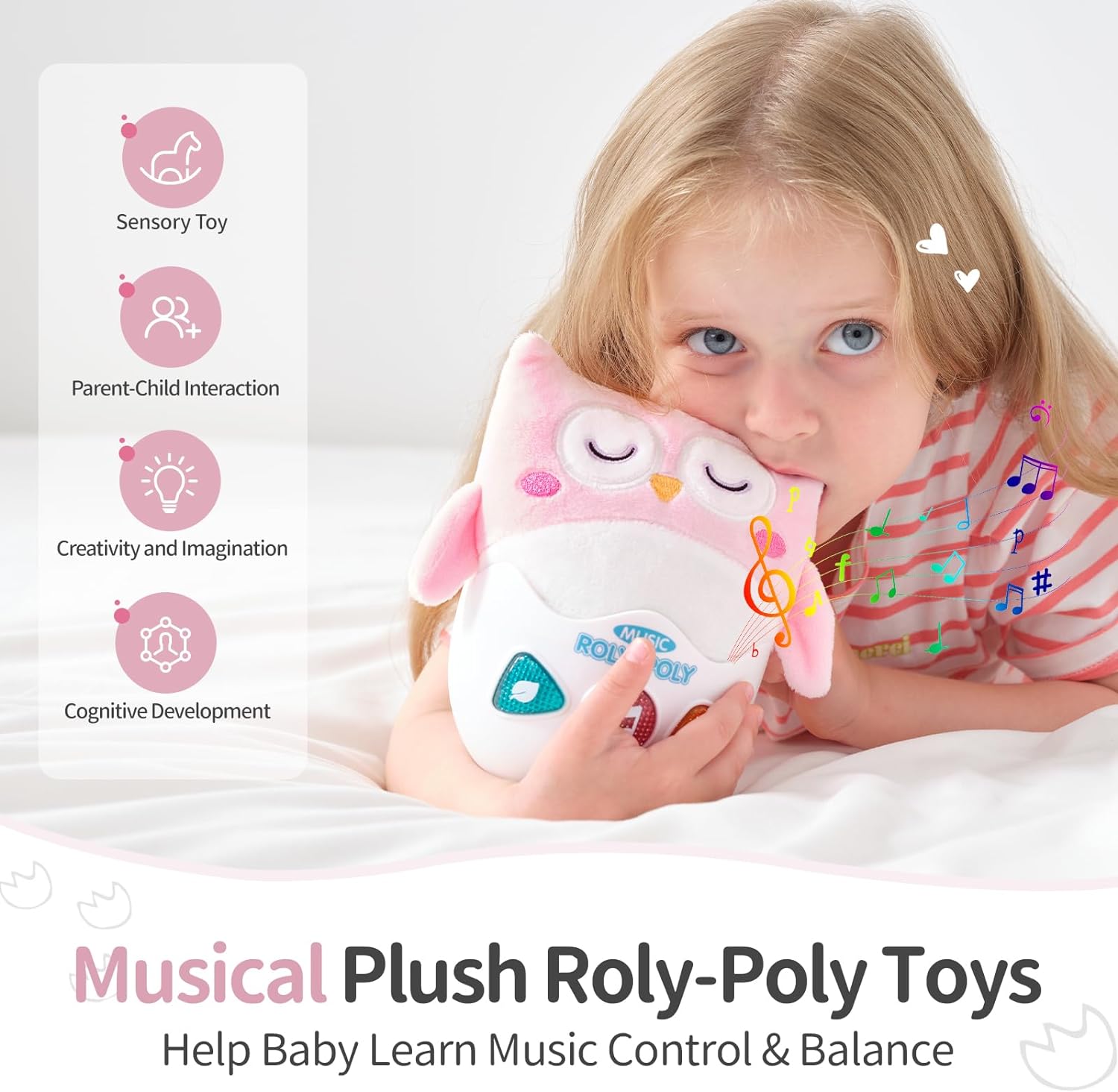 Jucarie interactiva Giftry, Bufnita, Material plus, Cu elemente senzoriale, muzica si lumini, 6 luni+, Roz