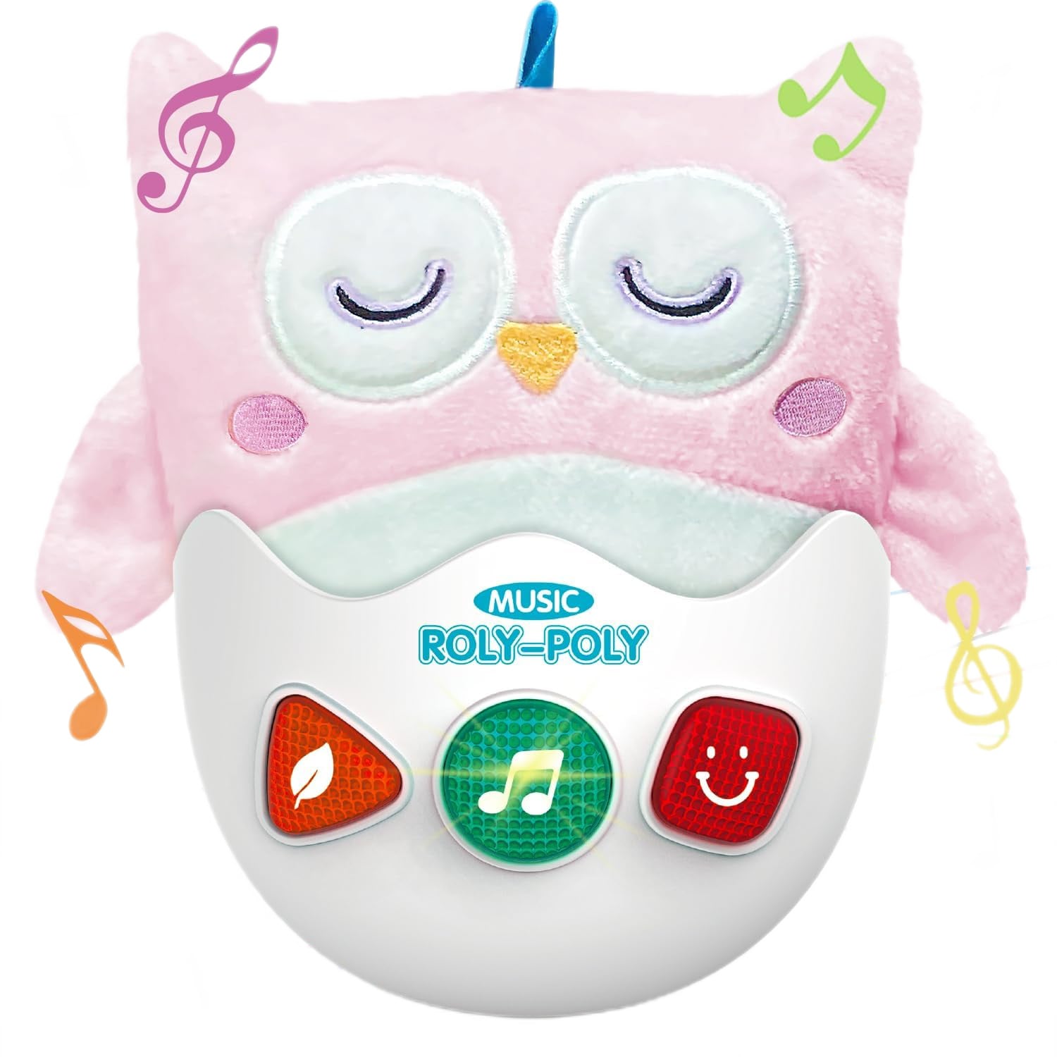 Jucarie interactiva Giftry, Bufnita, Material plus, Cu elemente senzoriale, muzica si lumini, 6 luni+, Roz