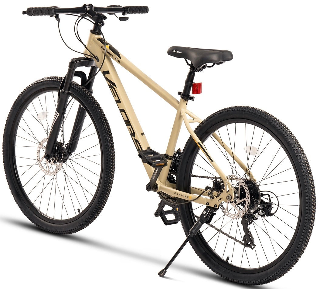 Bicicleta MTB de munte Velors Rambler JSX26311, cadru cu cabluri integrate, echipare Shimano, suspensie fata, roata 26 inch, frana disc fata/spate, 21 viteze, culoare olive cu negru