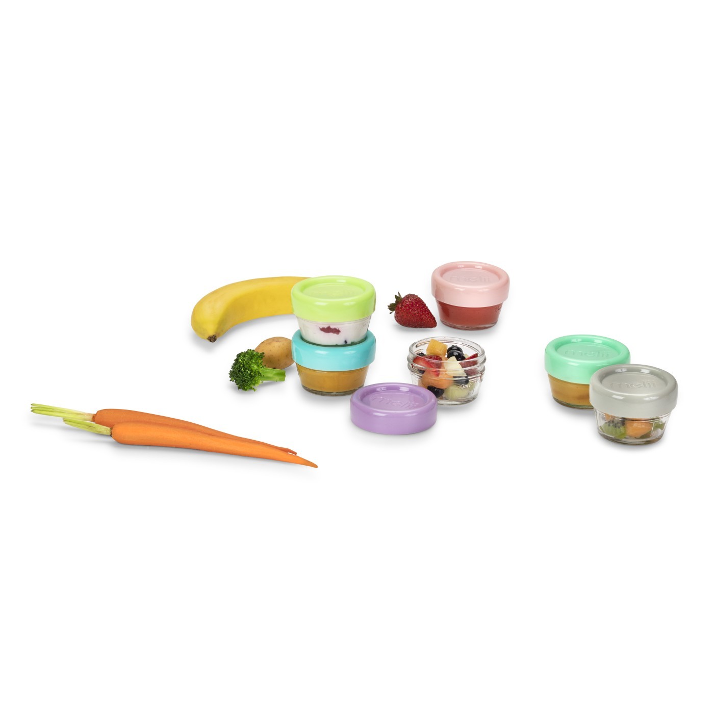 Set recipiente Meli, Din sticla, Pentru hrana bebelusi, Capacitate 59 ml, 6 bucati