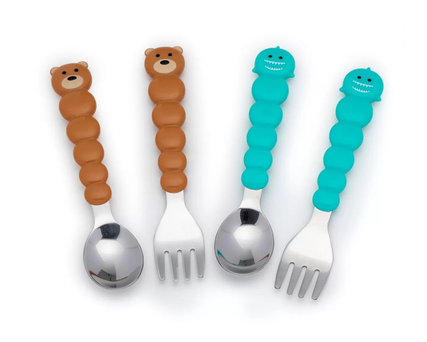Set tacamuri Melii, Model urs si rechin, 4 piese, Maro/Turcoaz