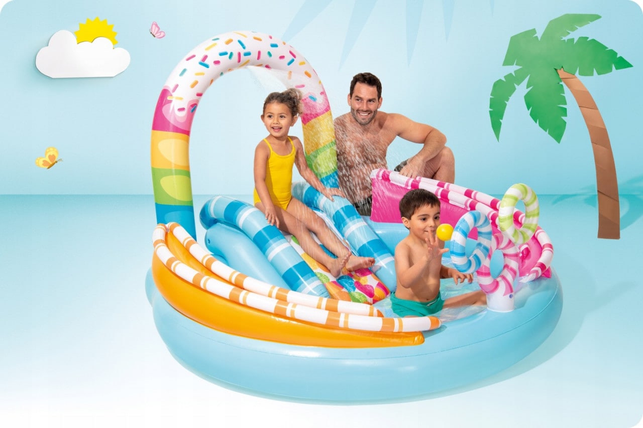 Loc de joaca acvatic Intex, Candy Fun Play, Pentru copii, Cu piscina si tobogan, Fantana Arteziana, Arcada, Inele, 170 x 168 x 122 cm, Multicolor