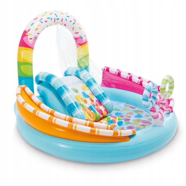 Loc de joaca acvatic Intex, Candy Fun Play, Pentru copii, Cu piscina si tobogan, Fantana Arteziana, Arcada, Inele, 170 x 168 x 122 cm, Multicolor