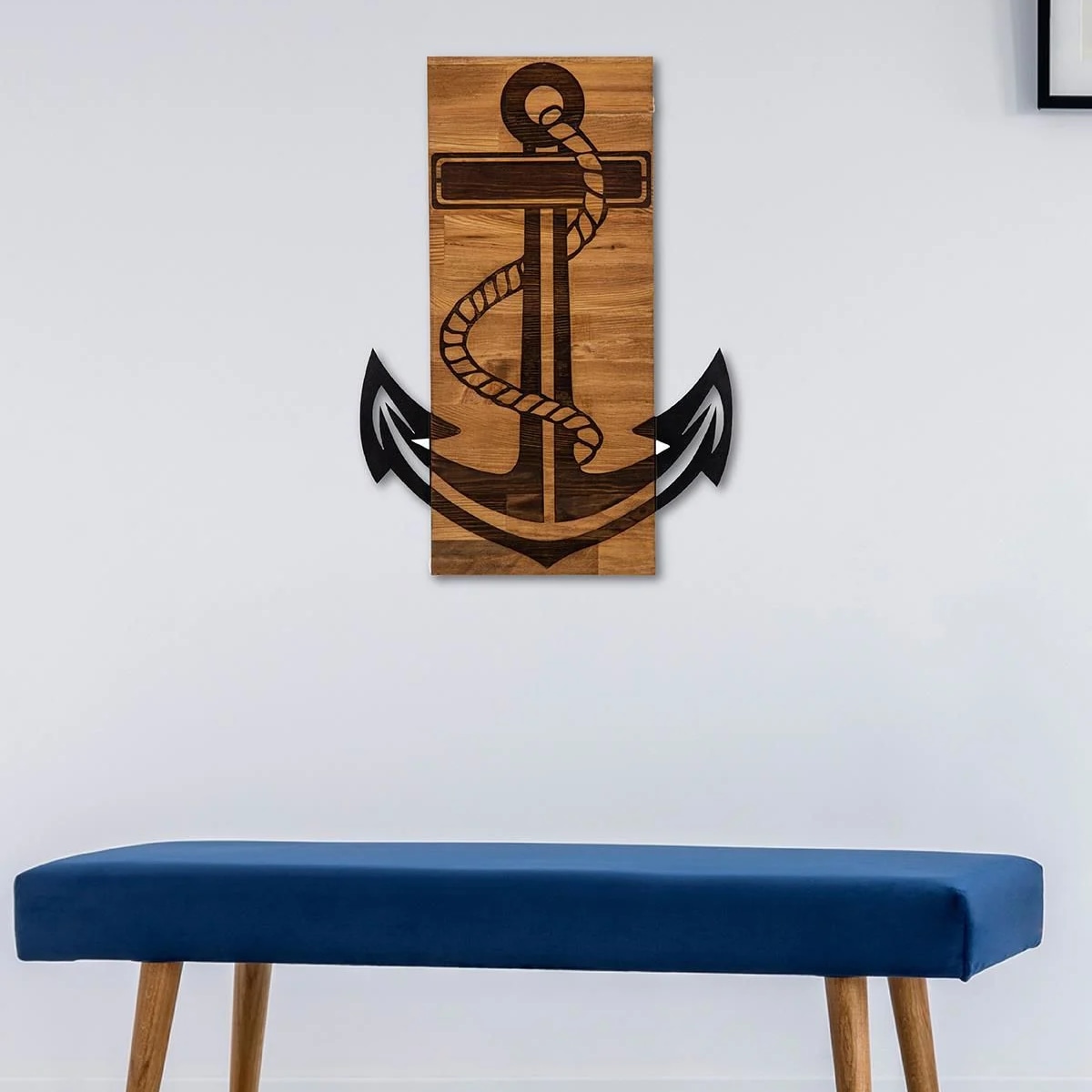 Decoratiune de perete Deco Art Studio Casa, Lemn si metal, Design Ancora, 47 x 58 x 3 cm, Maro nuc/Negru