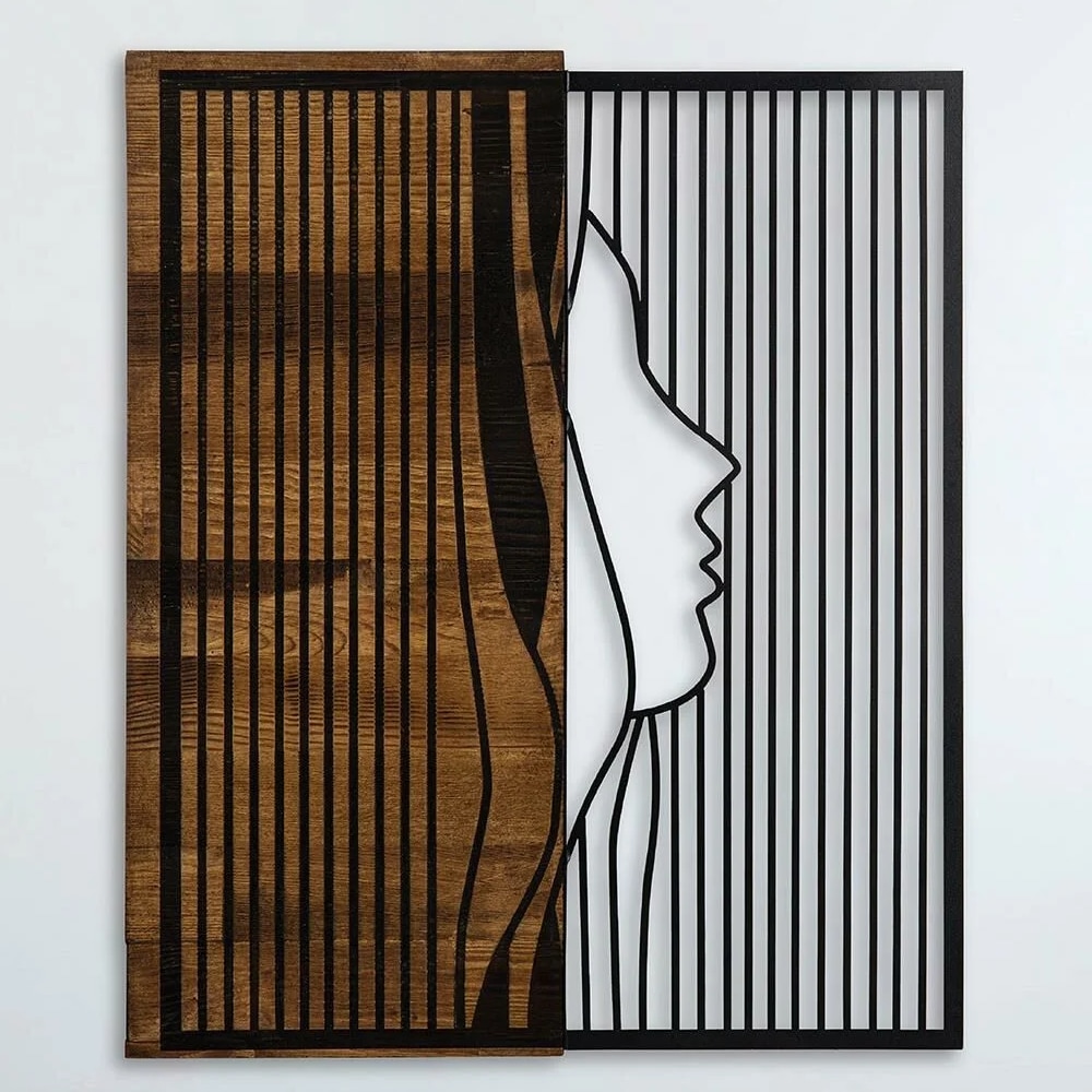 Decoratiune de perete Deco Art Studio Casa, Lemn si metal, Design Chip fata,48 x 58 x 3 cm, Maro nuc/Negru