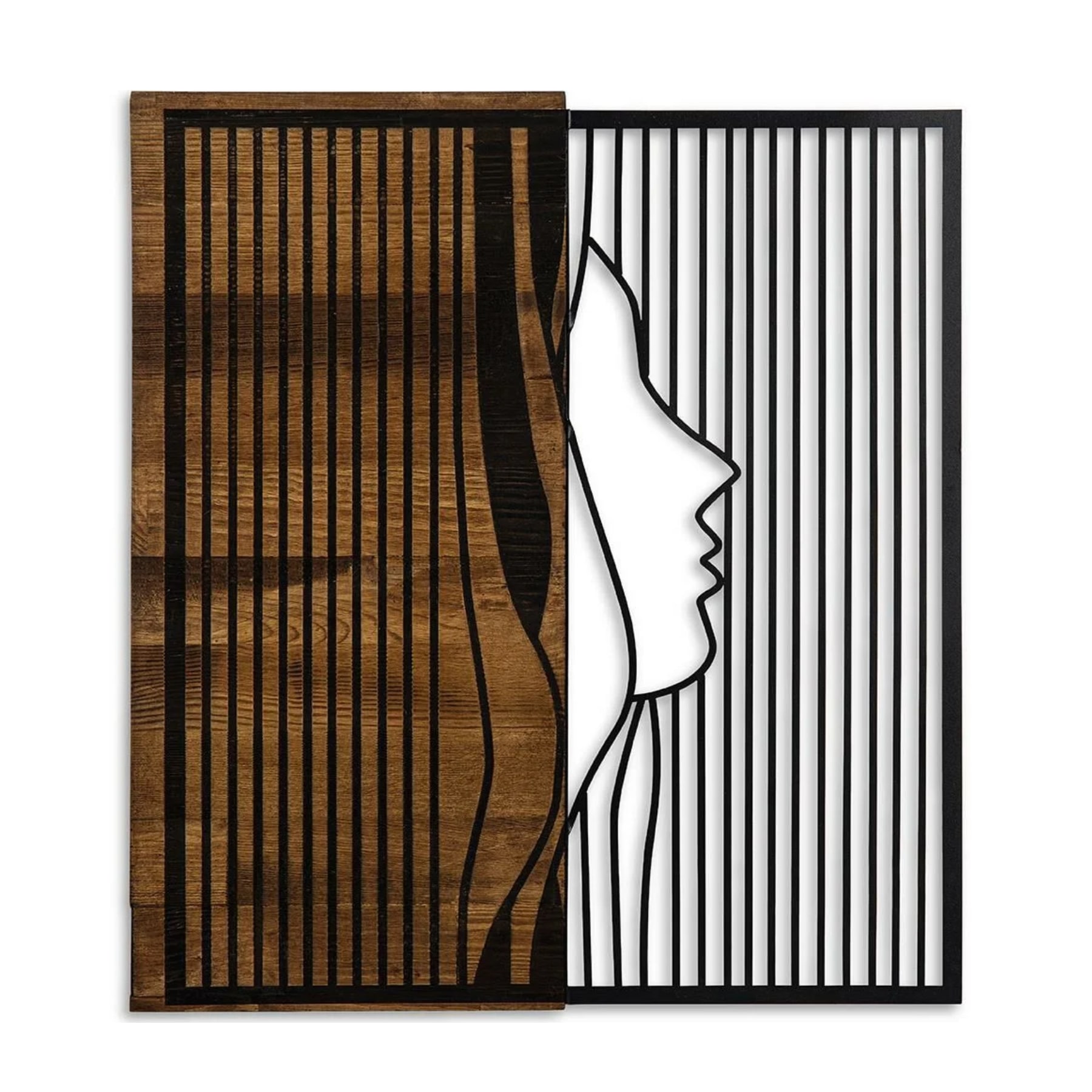 Decoratiune de perete Deco Art Studio Casa, Lemn si metal, Design Chip fata,48 x 58 x 3 cm, Maro nuc/Negru
