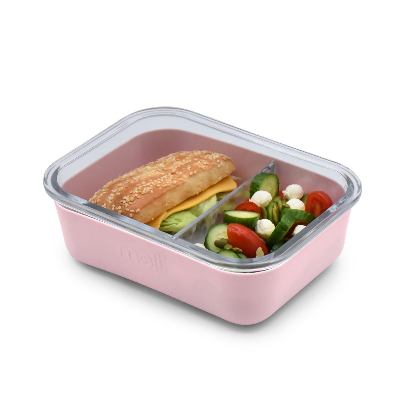 Recipient alimente Melli, Material sticla, Cu husa antiderapanta din silicon, Capacitate 740 ml, Roz
