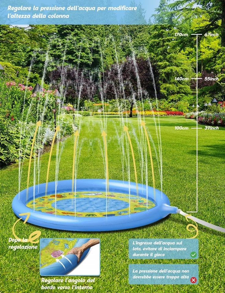 Piscina pentru copii cu stropitoare Glymnis, PVC, albastru/galben, 170 cm