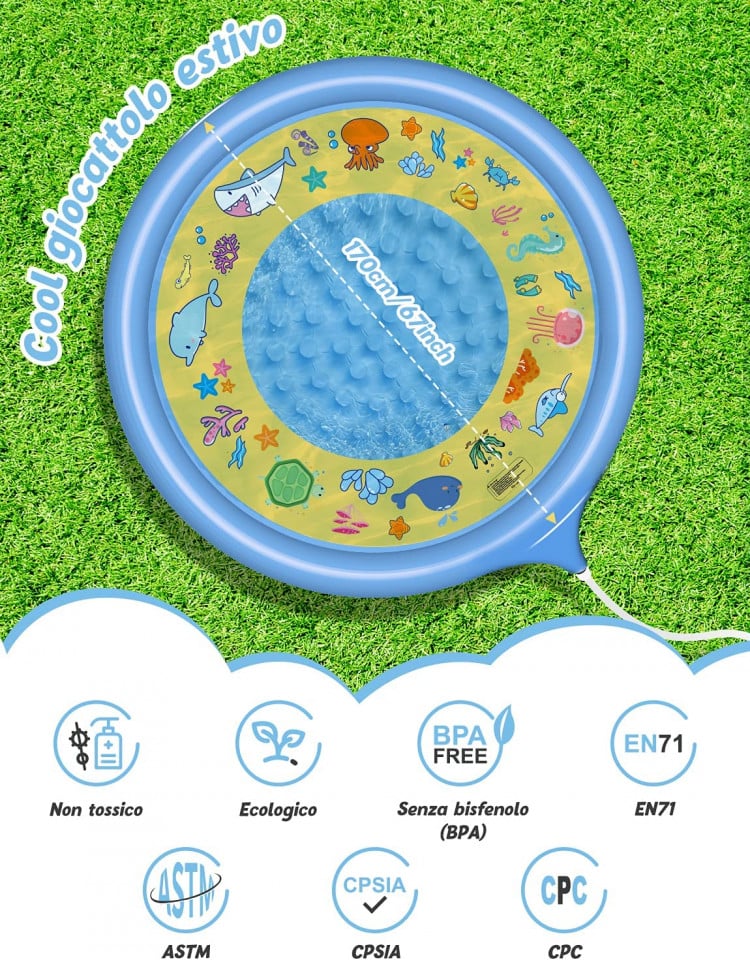 Piscina pentru copii cu stropitoare Glymnis, PVC, albastru/galben, 170 cm