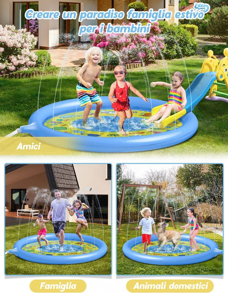 Piscina pentru copii cu stropitoare Glymnis, PVC, albastru/galben, 170 cm