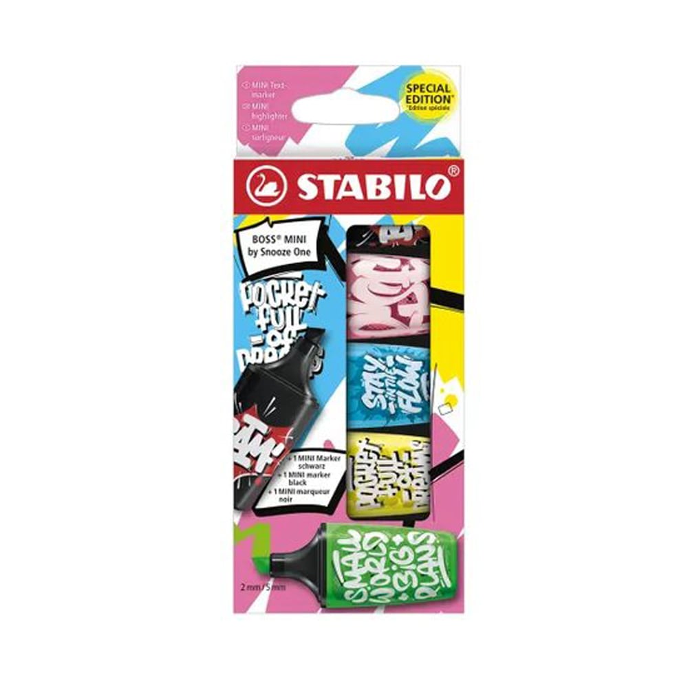 Textmarker Stabilo, Boss mini by Snooze One, 5 culori / set, negru, roz, albastru, galben, verde, etui, carton