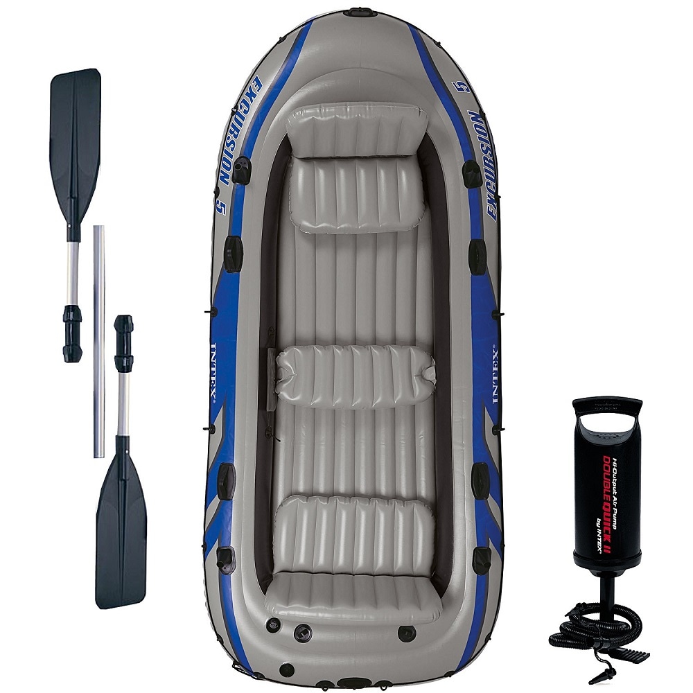 Barca gonflabila, cu manere pentru manevrare, vasle si pompa pentru umflat, 2 suporti pentru pescuit, kit de reparatie, 5 persoane, 366 x 168 x 43 cm