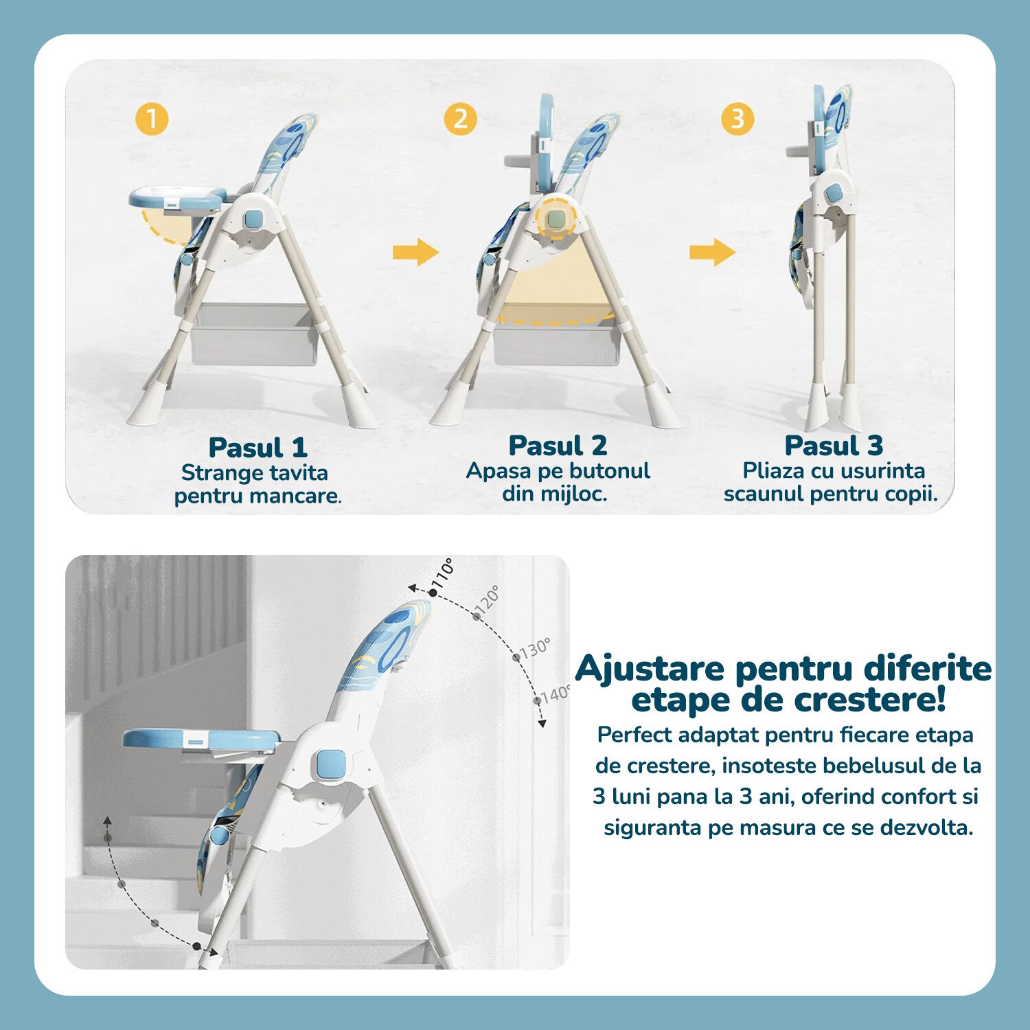 Scaun de masa 3 in 1 pentru copii Mavio, Model OMNY, Pliabil, 6-36 luni, Reglabil, Centura de Siguranta, Tavita Detasabila, Roti, Spatiu Depozitare, Greutate Maxima 25kg, Albastru