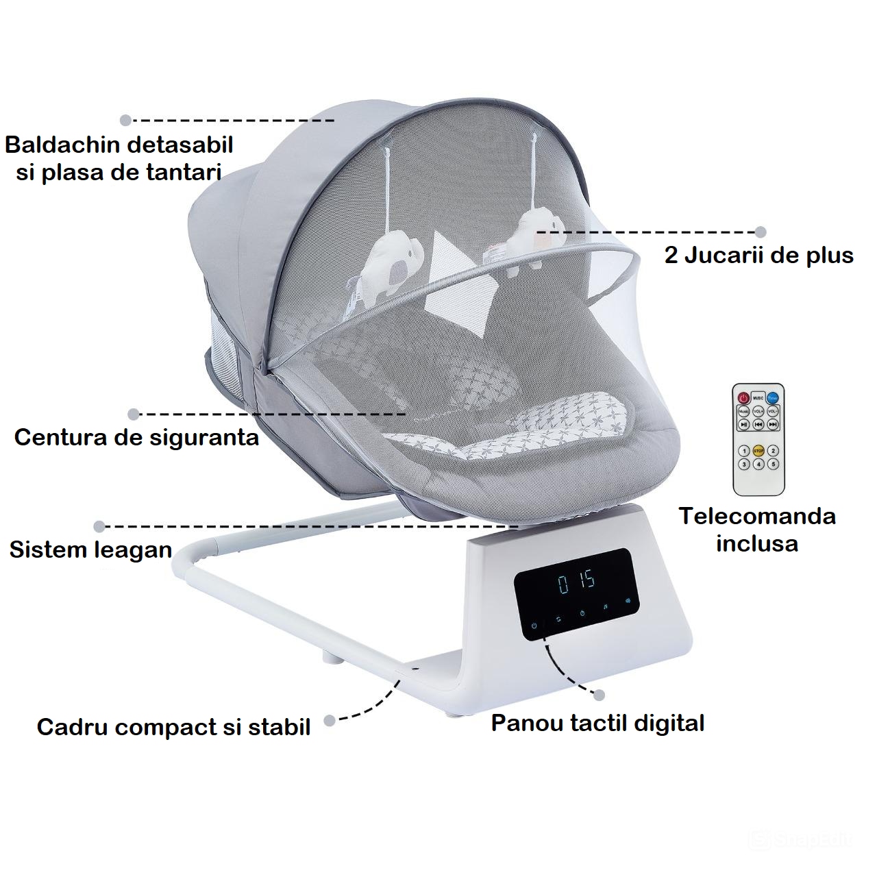 Balansoar Electric 3D Motion BabyHug, Telecomanda, Bluetooth, Panou Digital, 5 Viteze, Spatar Reglabil, Baldachin Detasabil, Melodii, Jucarii, Cronometru 8/15/30 min, Gri