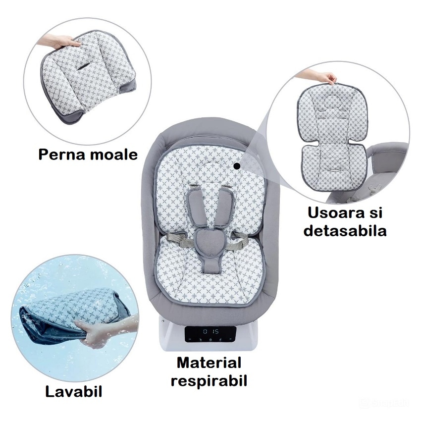 Balansoar Electric 3D Motion BabyHug, Telecomanda, Bluetooth, Panou Digital, 5 Viteze, Spatar Reglabil, Baldachin Detasabil, Melodii, Jucarii, Cronometru 8/15/30 min, Gri