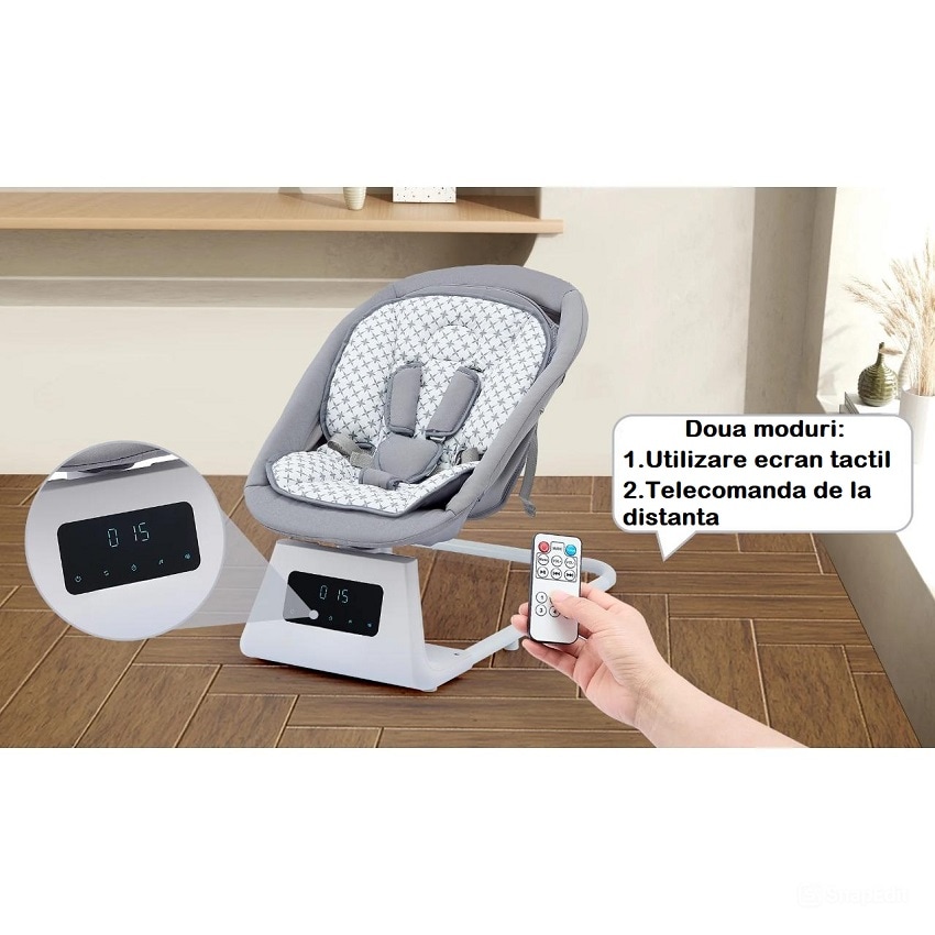 Balansoar Electric 3D Motion BabyHug, Telecomanda, Bluetooth, Panou Digital, 5 Viteze, Spatar Reglabil, Baldachin Detasabil, Melodii, Jucarii, Cronometru 8/15/30 min, Gri