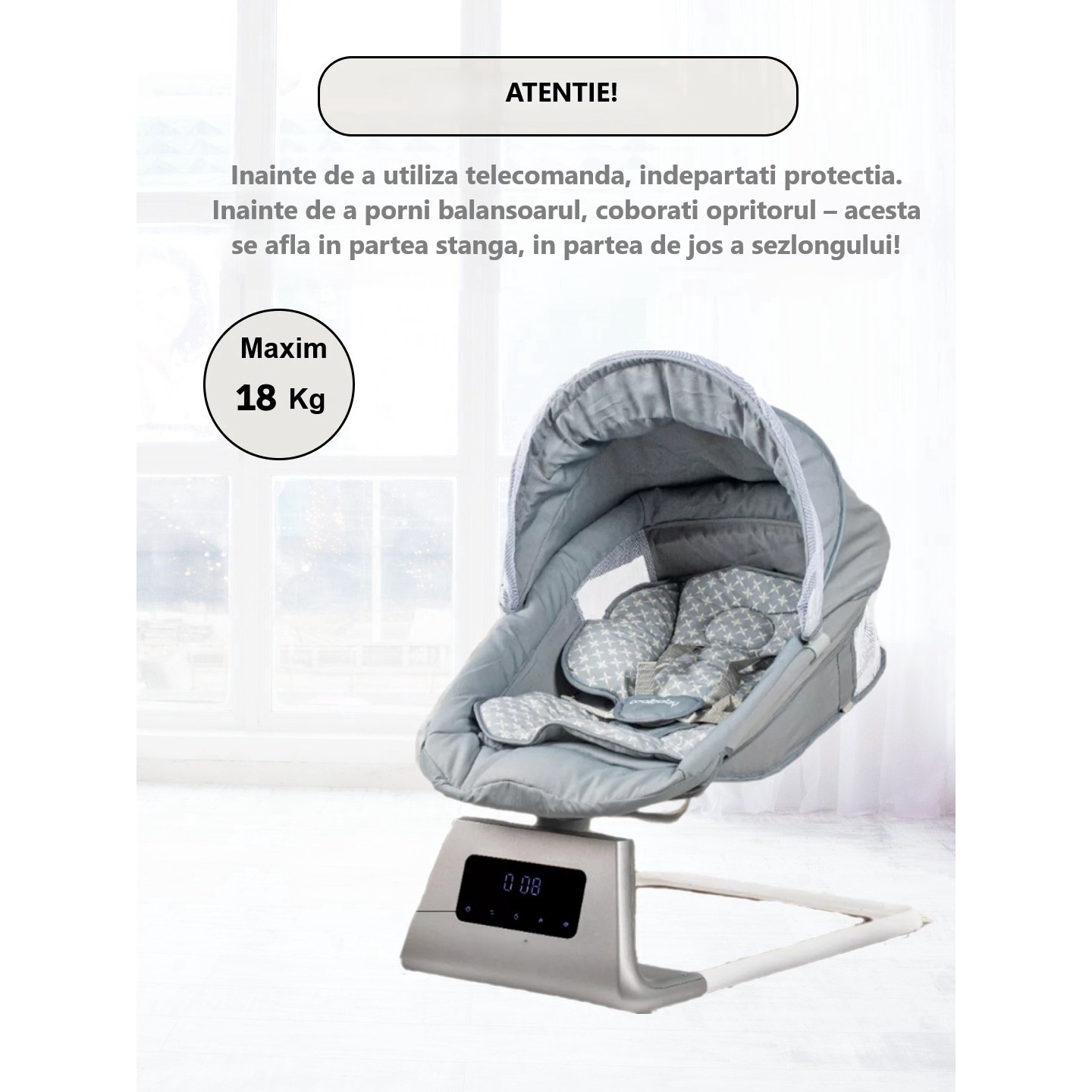Balansoar Electric 3D Motion BabyHug, Telecomanda, Bluetooth, Panou Digital, 5 Viteze, Spatar Reglabil, Baldachin Detasabil, Melodii, Jucarii, Cronometru 8/15/30 min, Gri