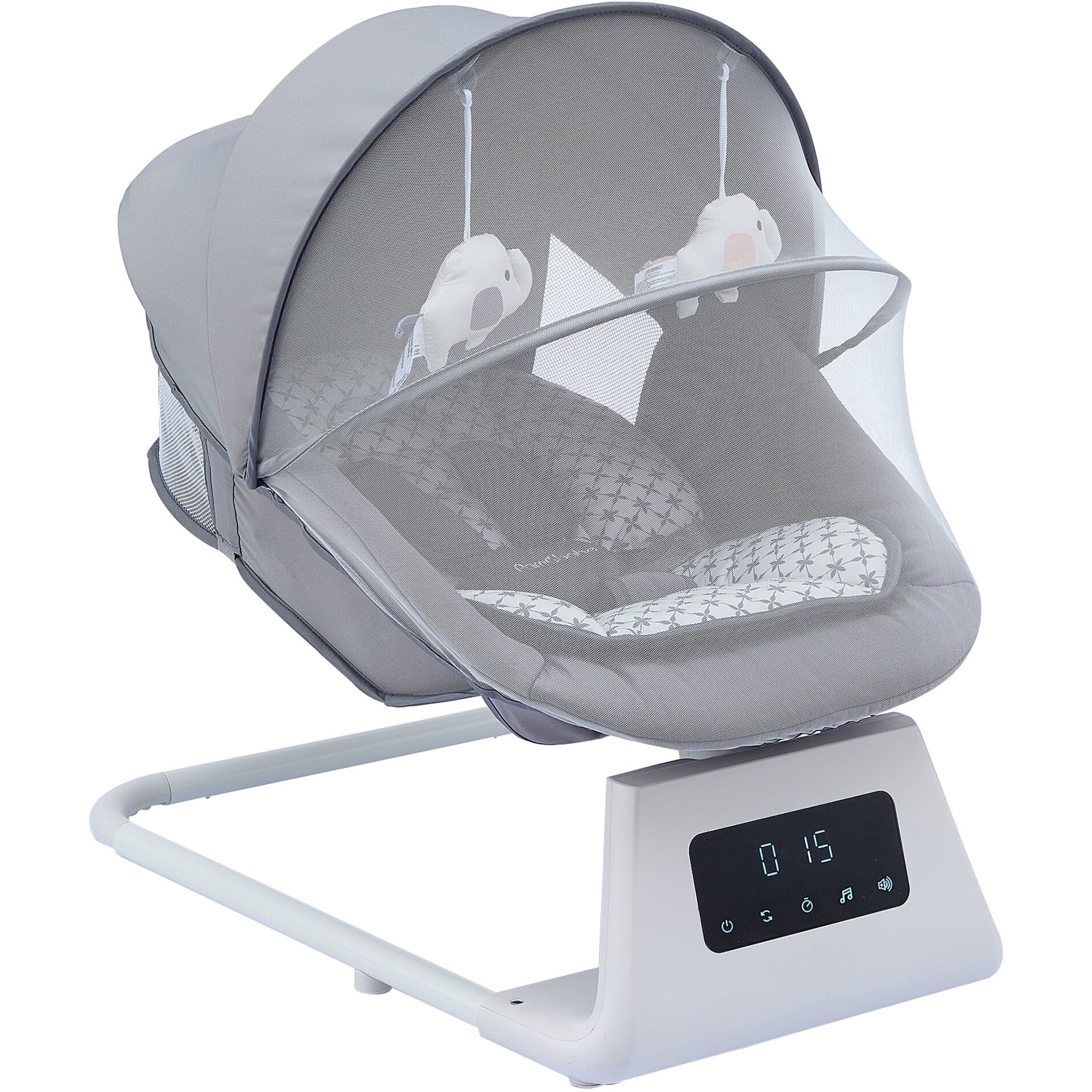 Balansoar Electric 3D Motion BabyHug, Telecomanda, Bluetooth, Panou Digital, 5 Viteze, Spatar Reglabil, Baldachin Detasabil, Melodii, Jucarii, Cronometru 8/15/30 min, Gri