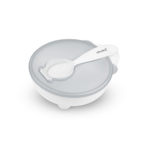 Set hranire Akuku, Castron, Cu lingurita, Cu capac, Capacitate 250 ml, Alb