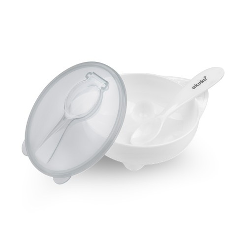 Set hranire Akuku, Castron, Cu lingurita, Cu capac, Capacitate 250 ml, Alb