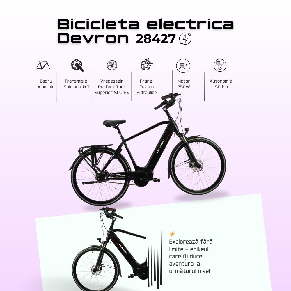 Bicicleta Electrica Devron 28427, roata 28", M, Disc Brake,  viteza maxima 25km/h, motor 250W, Negru