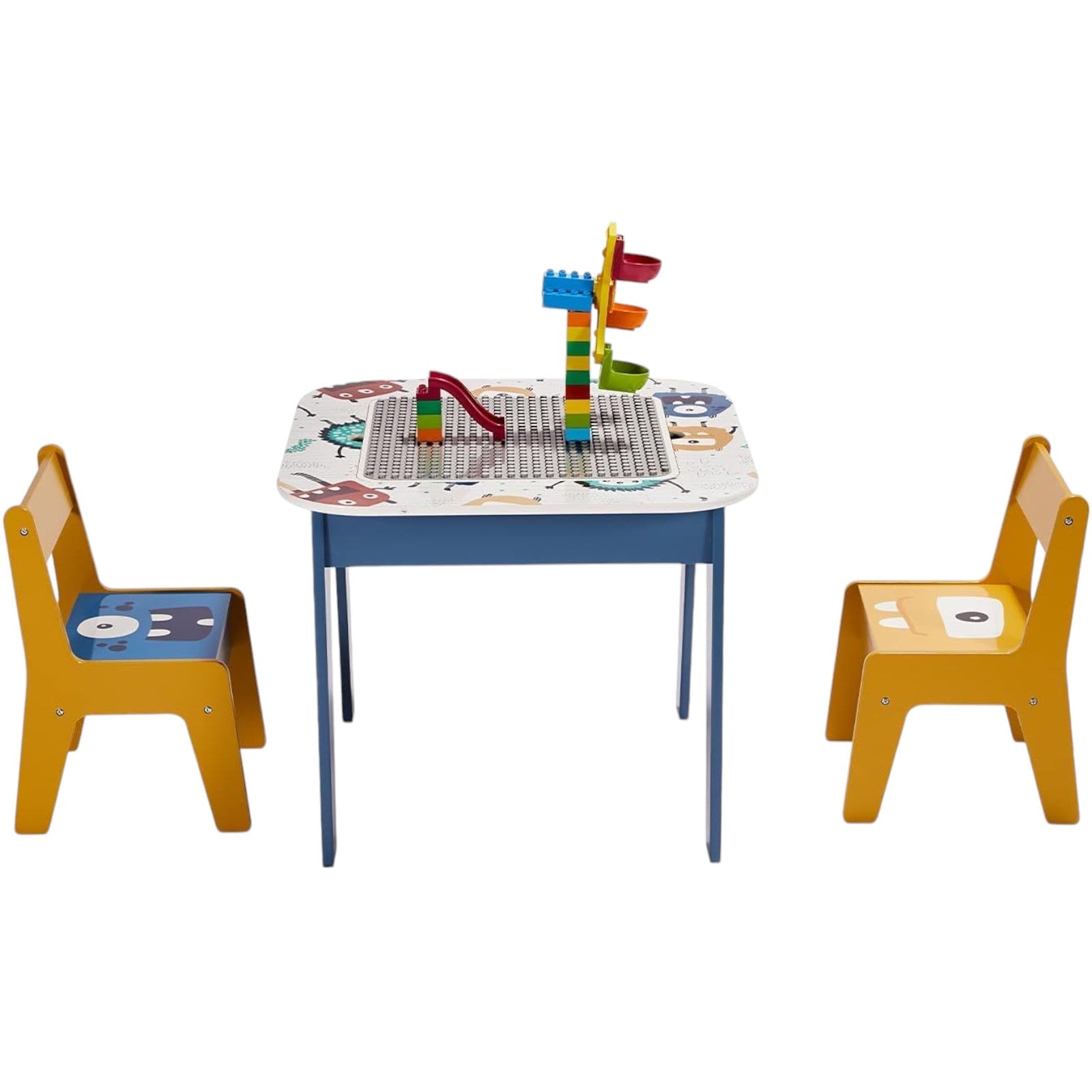 Set mobila copii Ginger Home, Monster, 4 in 1, Cu tabla si blat pentru stivuire constructori tip lego, Dimensiuni masa 60x60x49.5 cm