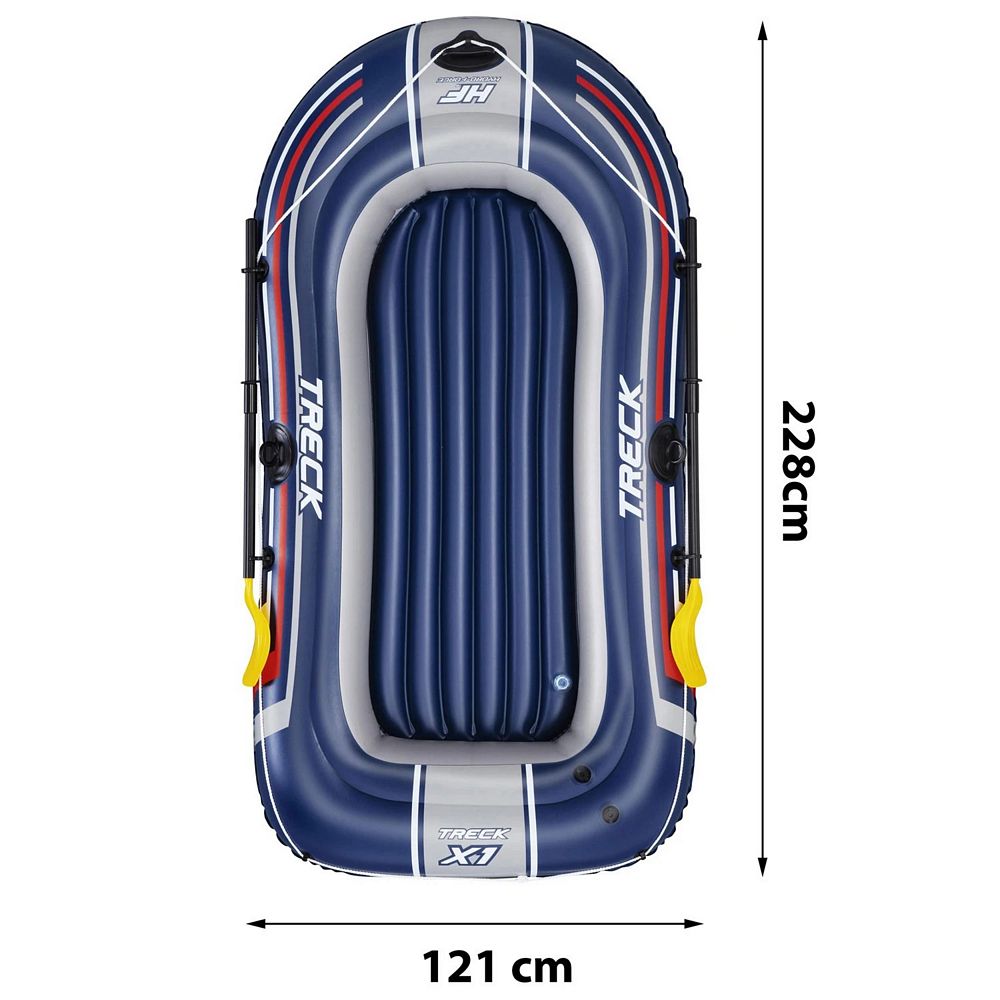 Barca gonflabila Bestway, PVC durabil, 3 camere de aer, 2 adulti, 2 vasle din plastic, sarcina maxima 170 kg, pompa de picior, 228 x 121 cm