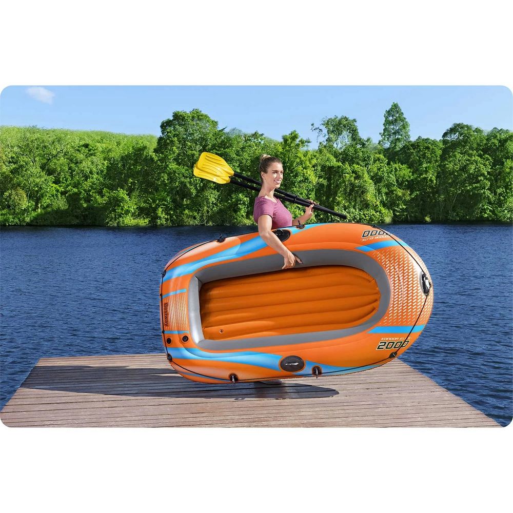 Barca gonflabila Bestway, un adult si un copil, 2 vasle din plastic, sarcina maxima 120 kg, pompa cu piston inclusa, 196 x 106 cm
