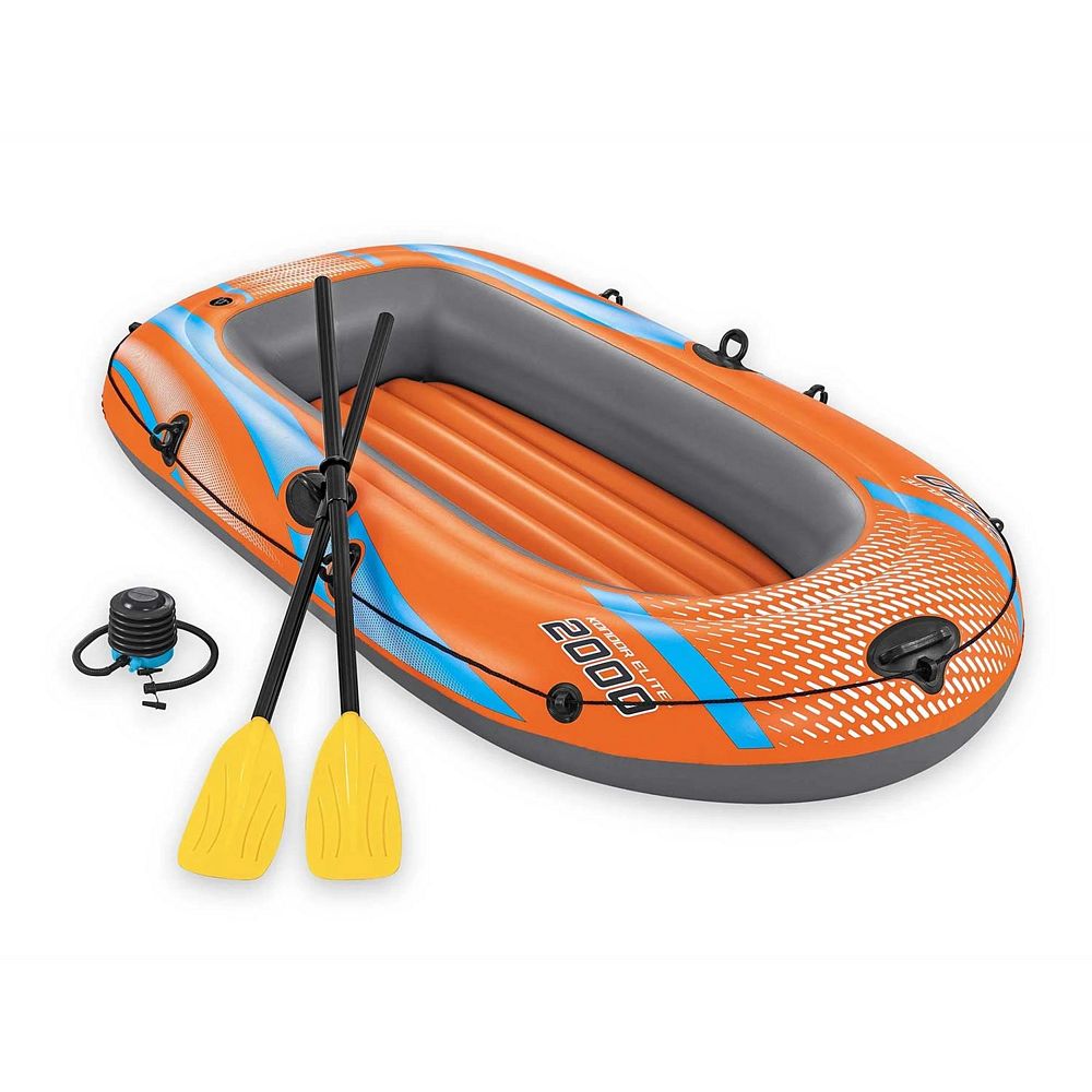 Barca gonflabila Bestway, un adult si un copil, 2 vasle din plastic, sarcina maxima 120 kg, pompa cu piston inclusa, 196 x 106 cm