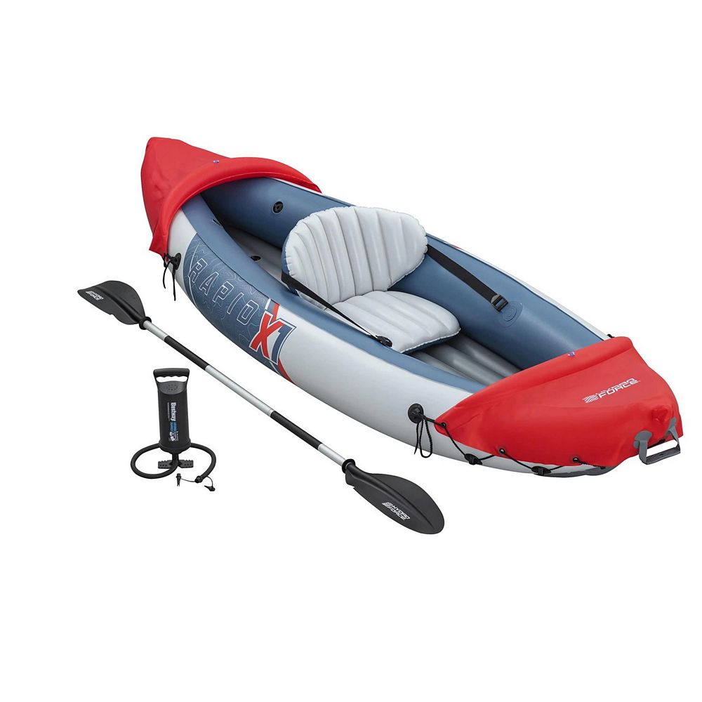 Caiac gonflabil Bestway, constructie solida din PVC, 3 camere de aer, o persoana, paleta de aluminiu si pompa inclusa, sarcina maxima 120 kg, 290 x 91 cm