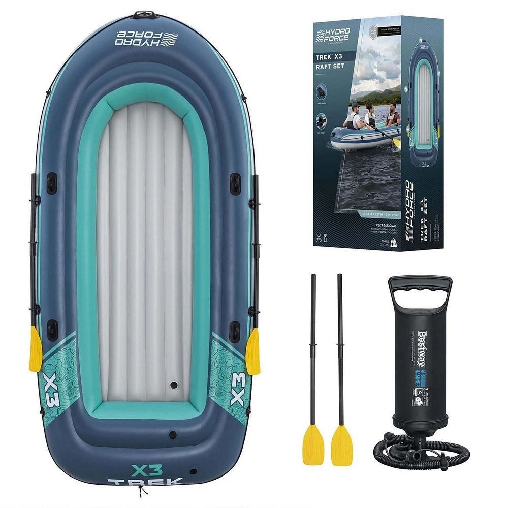 Barca gonflabila Bestway, 3 camere de aer, 3 adulti, 2 vasle din plastic, sarcina maxima 360 kg, pompa cu piston inclusa, 294 x 137 cm