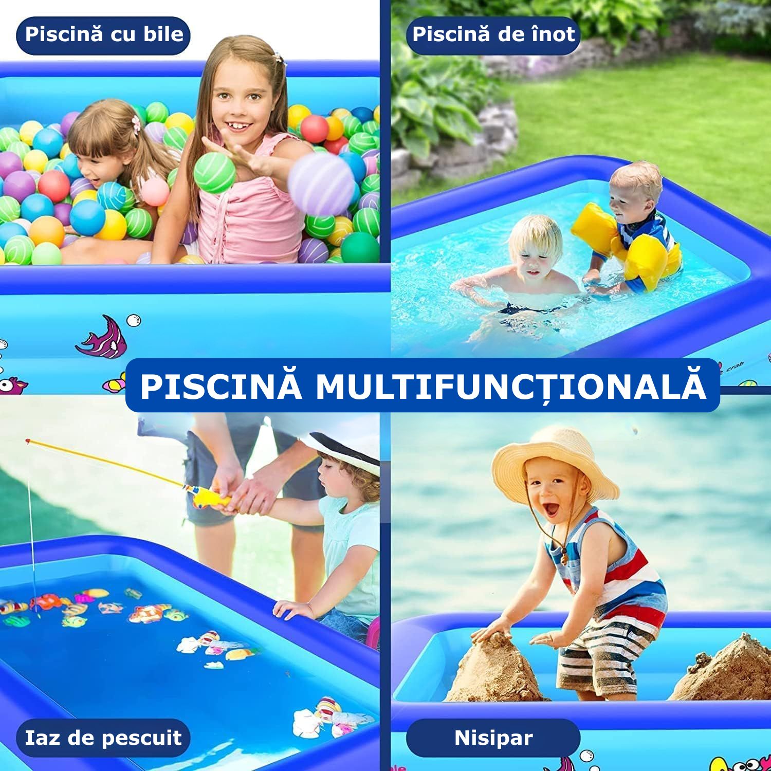 Piscina gonflabila de exterior/gradina Simply Joy, 150 x 105 x 50 cm, Adulti si Copii, Podea Moale Gonflabila, 3 Inele Gonflabile, Dreptunghiulara, Instalare Usoara, PVC Rezistent
