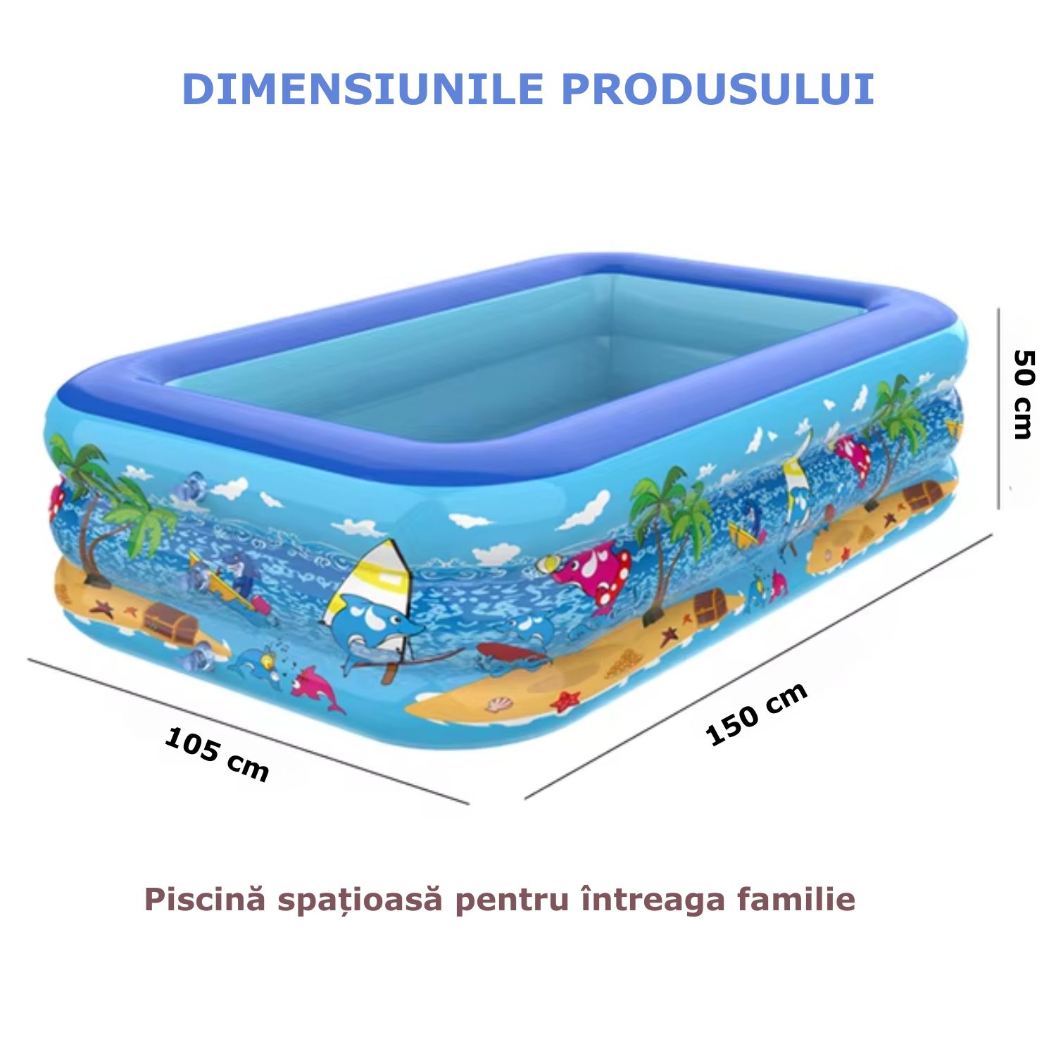 Piscina gonflabila de exterior/gradina Simply Joy, 150 x 105 x 50 cm, Adulti si Copii, Podea Moale Gonflabila, 3 Inele Gonflabile, Dreptunghiulara, Instalare Usoara, PVC Rezistent