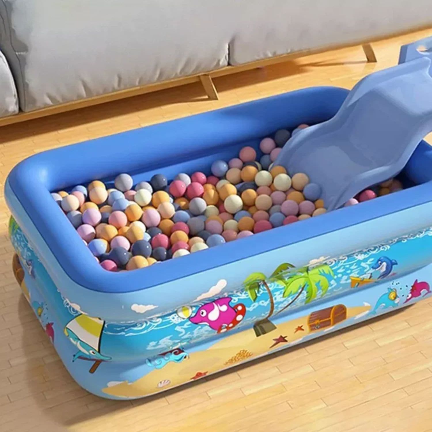 Piscina gonflabila de exterior/gradina Simply Joy, 150 x 105 x 50 cm, Adulti si Copii, Podea Moale Gonflabila, 3 Inele Gonflabile, Dreptunghiulara, Instalare Usoara, PVC Rezistent