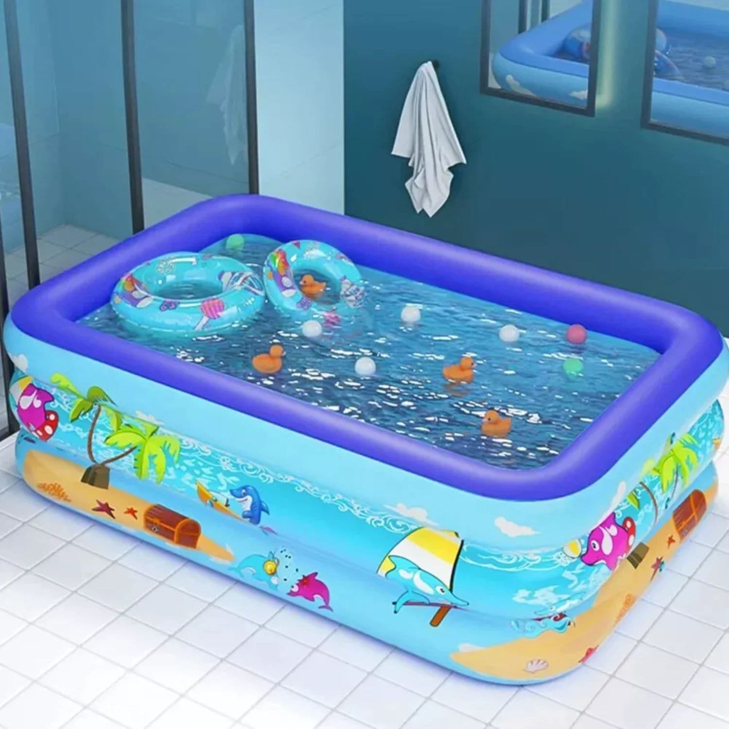 Piscina gonflabila de exterior/gradina Simply Joy, 150 x 105 x 50 cm, Adulti si Copii, Podea Moale Gonflabila, 3 Inele Gonflabile, Dreptunghiulara, Instalare Usoara, PVC Rezistent