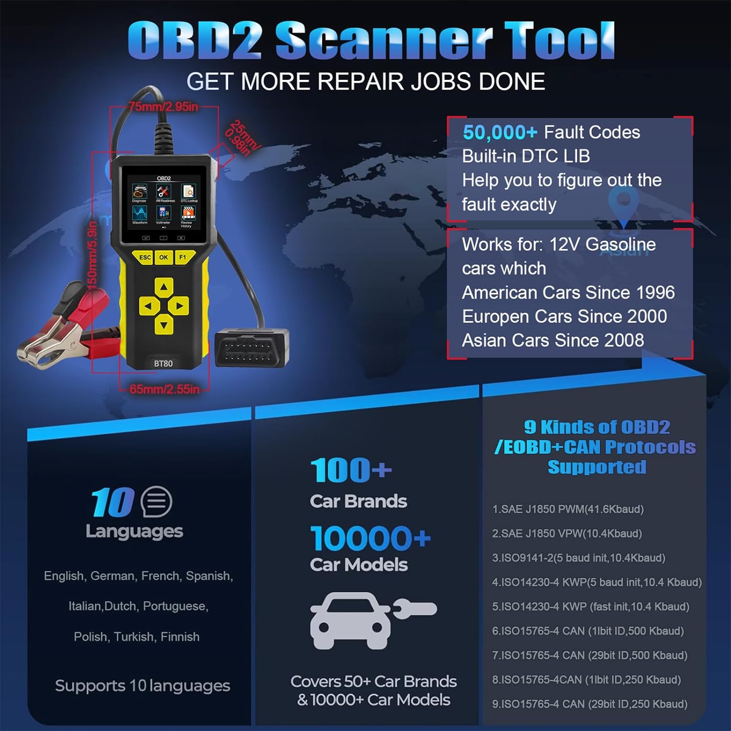 Tester auto universal 2 in 1, OBD2 si tester baterie, 6V, 12V, 24V, volmetru, test de pornire, diagnoza, cautare DTC, citire si stergere coduri de eroare, display LCD, multimarca