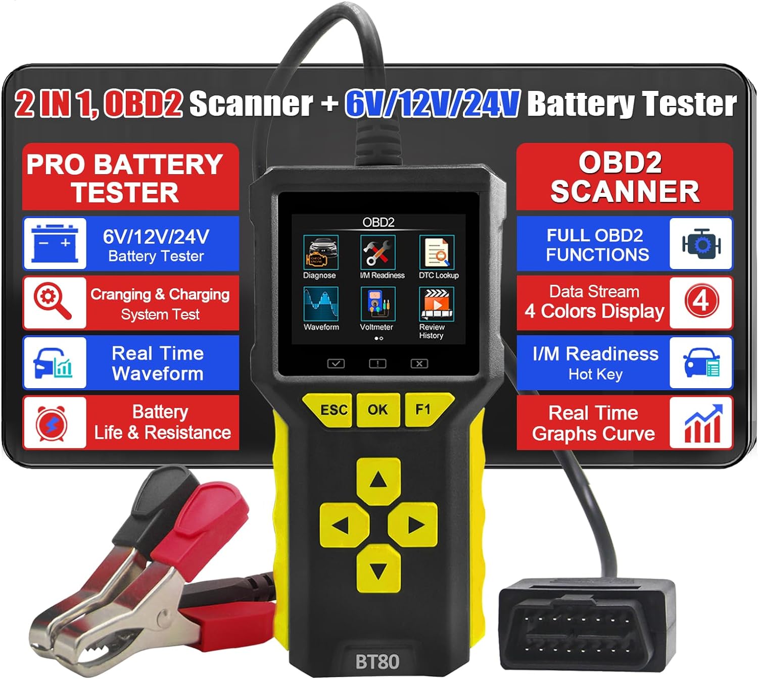 Tester auto universal 2 in 1, OBD2 si tester baterie, 6V, 12V, 24V, volmetru, test de pornire, diagnoza, cautare DTC, citire si stergere coduri de eroare, display LCD, multimarca