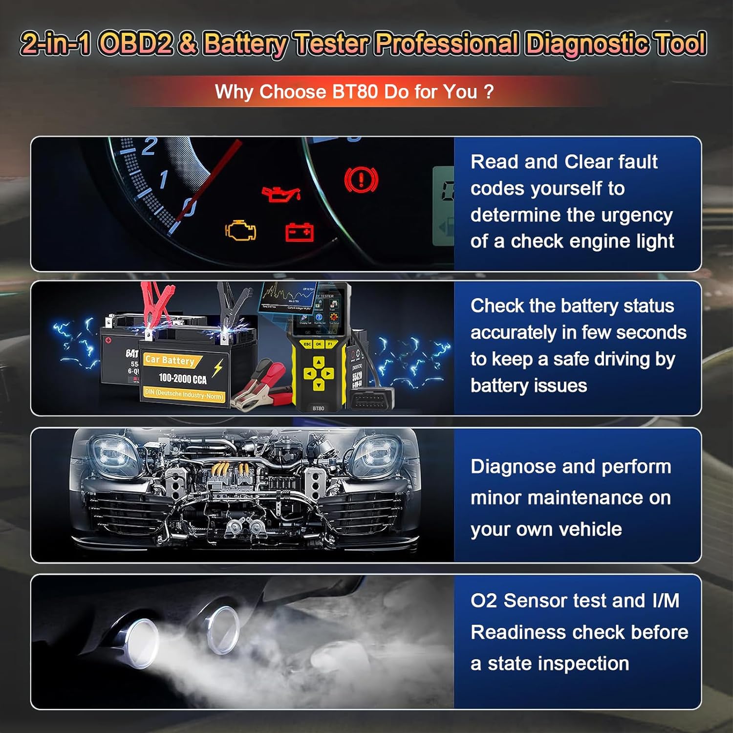 Tester auto universal 2 in 1, OBD2 si tester baterie, 6V, 12V, 24V, volmetru, test de pornire, diagnoza, cautare DTC, citire si stergere coduri de eroare, display LCD, multimarca