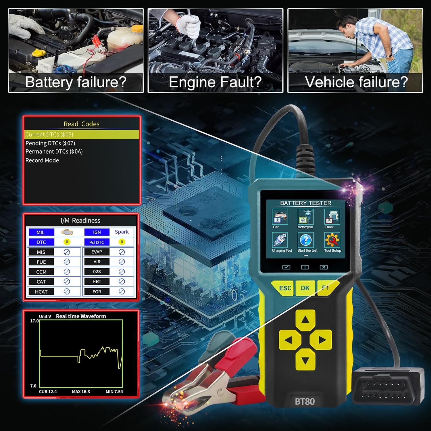 Tester auto universal 2 in 1, OBD2 si tester baterie, 6V, 12V, 24V, volmetru, test de pornire, diagnoza, cautare DTC, citire si stergere coduri de eroare, display LCD, multimarca