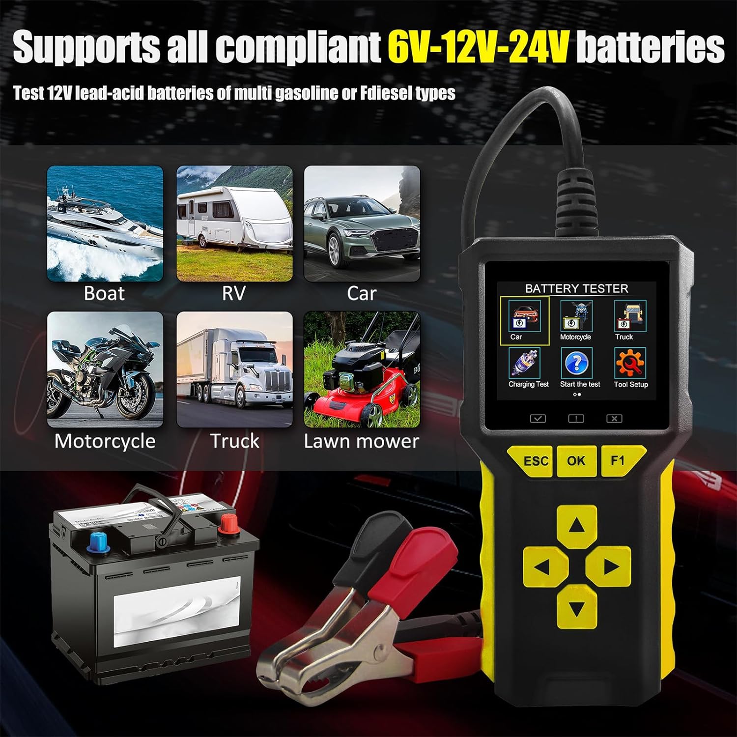 Tester auto universal 2 in 1, OBD2 si tester baterie, 6V, 12V, 24V, volmetru, test de pornire, diagnoza, cautare DTC, citire si stergere coduri de eroare, display LCD, multimarca