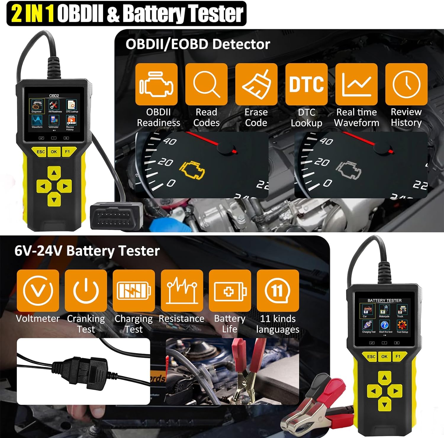 Tester auto universal 2 in 1, OBD2 si tester baterie, 6V, 12V, 24V, volmetru, test de pornire, diagnoza, cautare DTC, citire si stergere coduri de eroare, display LCD, multimarca