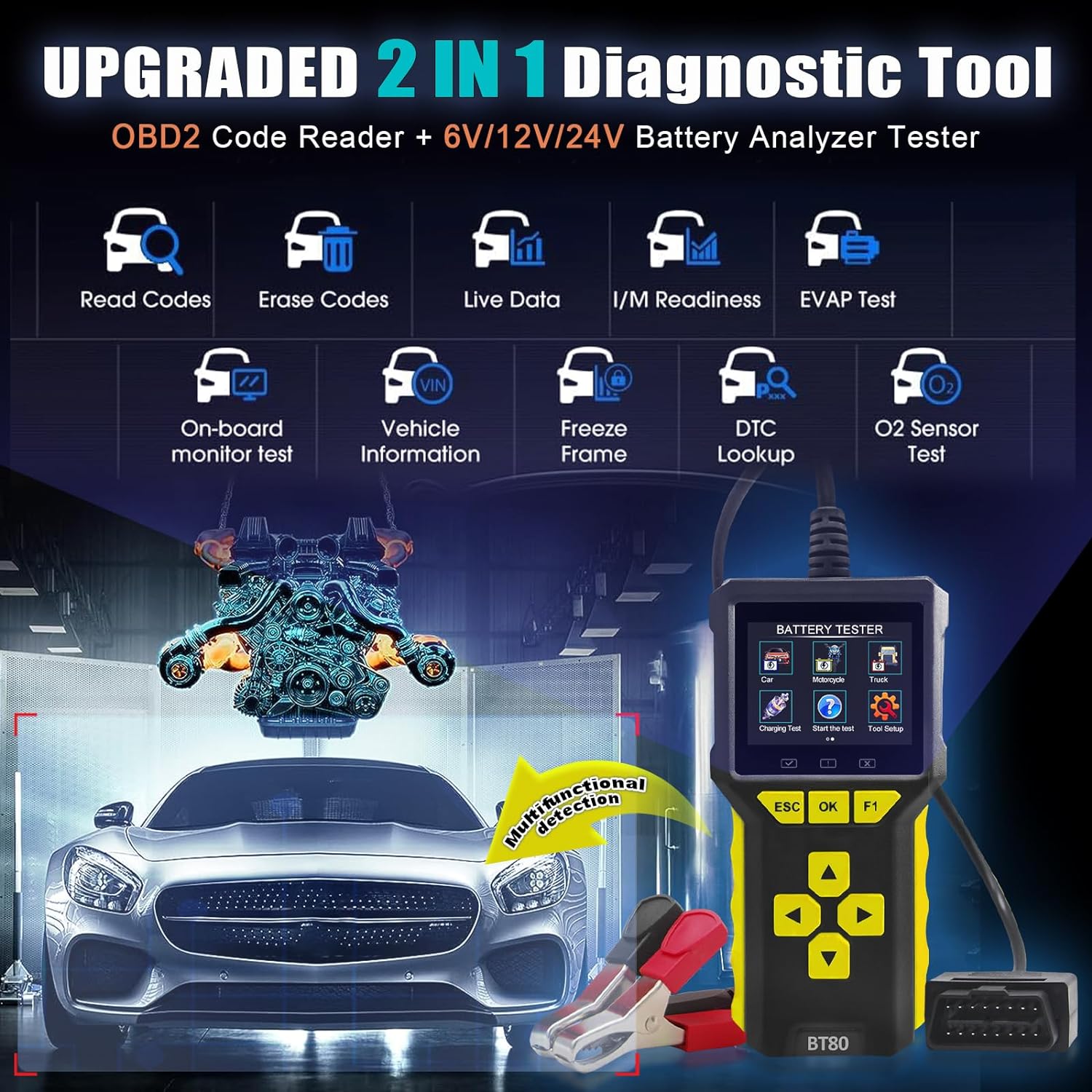 Tester auto universal 2 in 1, OBD2 si tester baterie, 6V, 12V, 24V, volmetru, test de pornire, diagnoza, cautare DTC, citire si stergere coduri de eroare, display LCD, multimarca