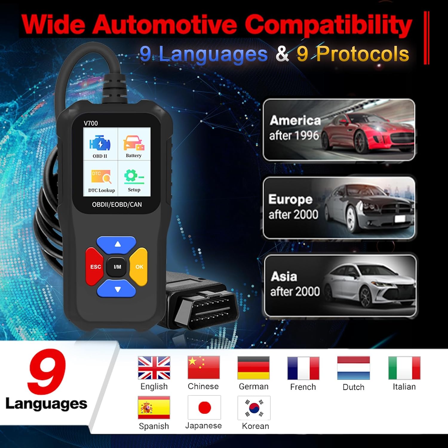 Tester auto universal OBD2, CAN si EOBD, diagnoza, cautare DTC, citire si stergere coduri de eroare, multimarca, negru