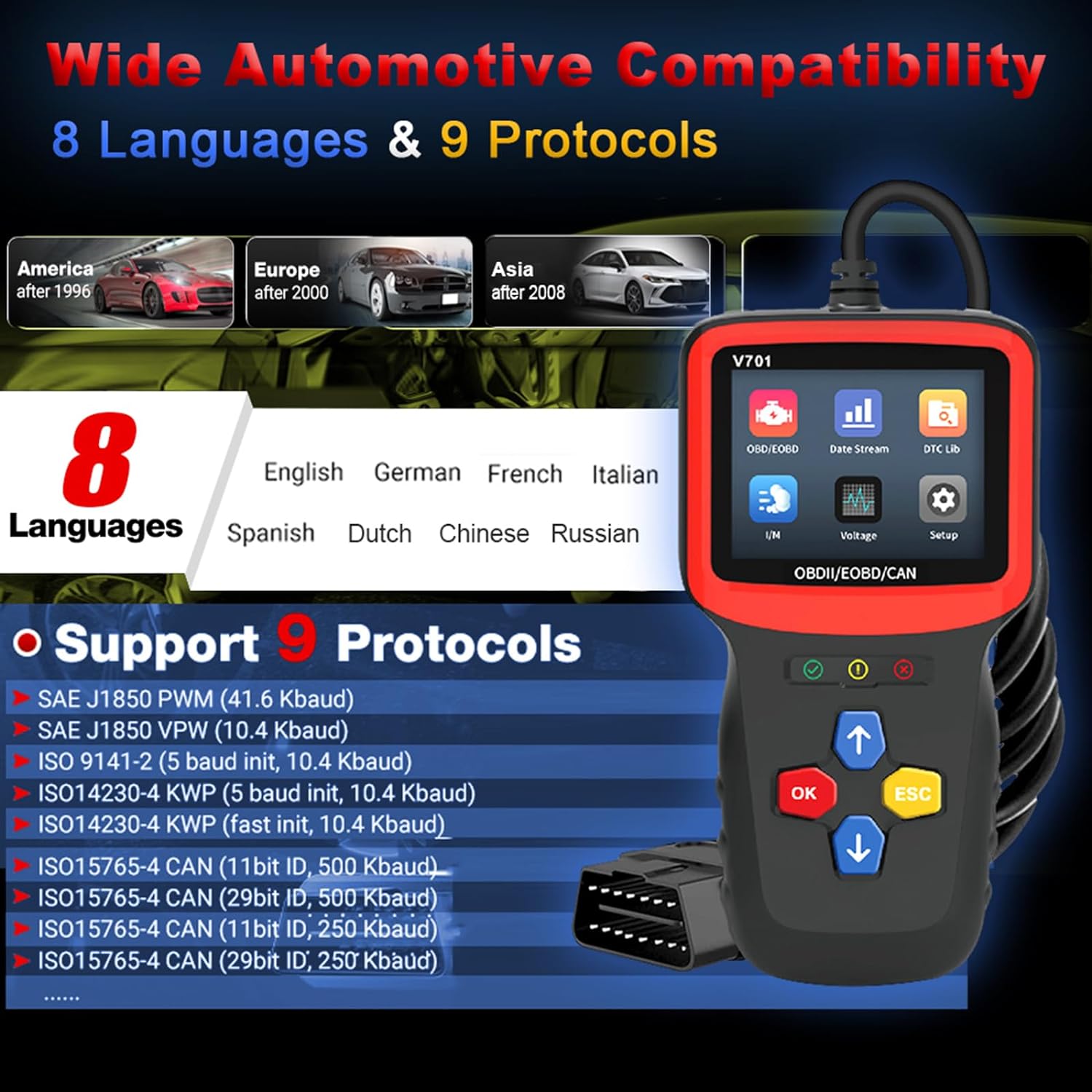 Tester auto universal Full OBD2, diagnoza, cautare DTC, citire si stergere coduri de eroare, multimarca, negru
