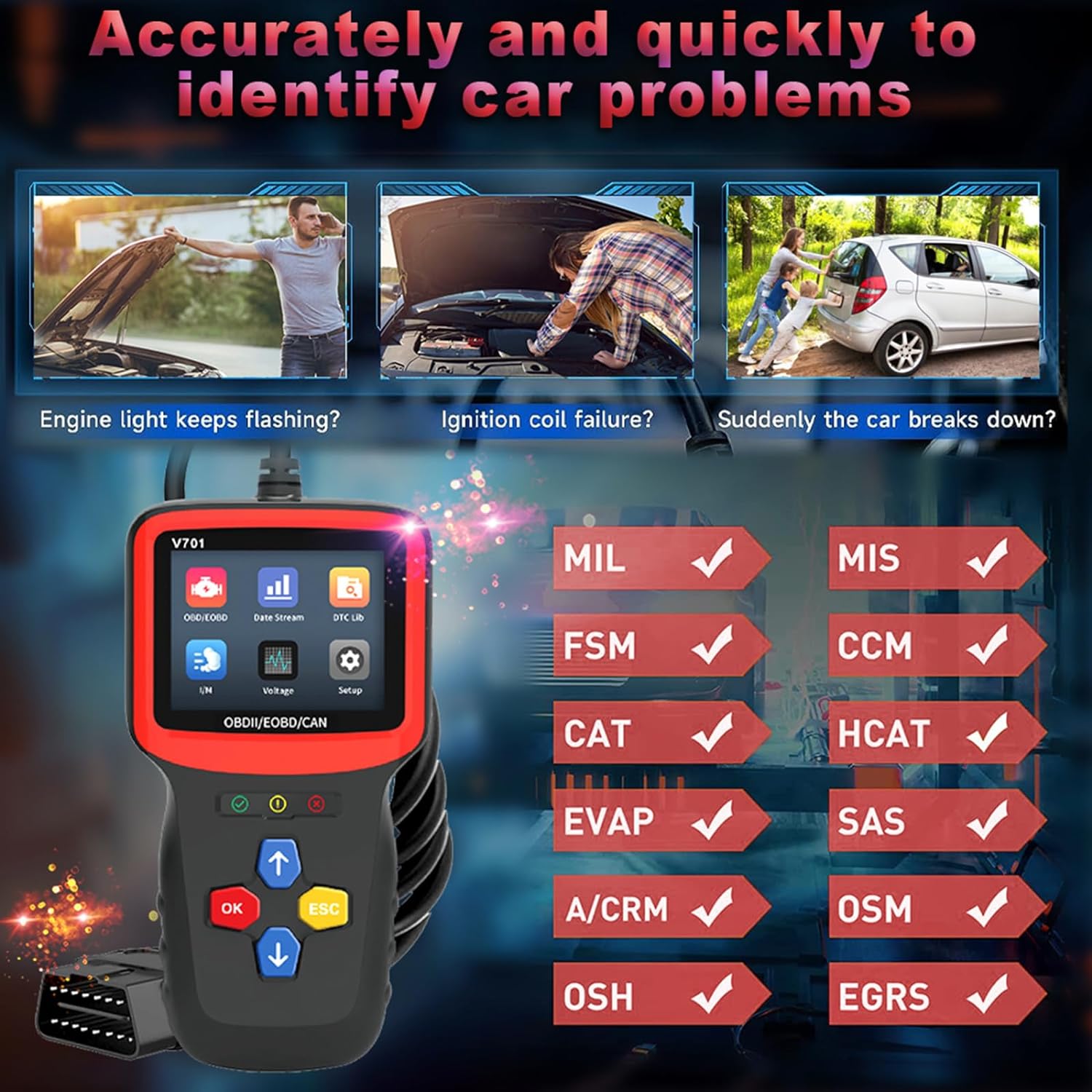 Tester auto universal Full OBD2, diagnoza, cautare DTC, citire si stergere coduri de eroare, multimarca, negru