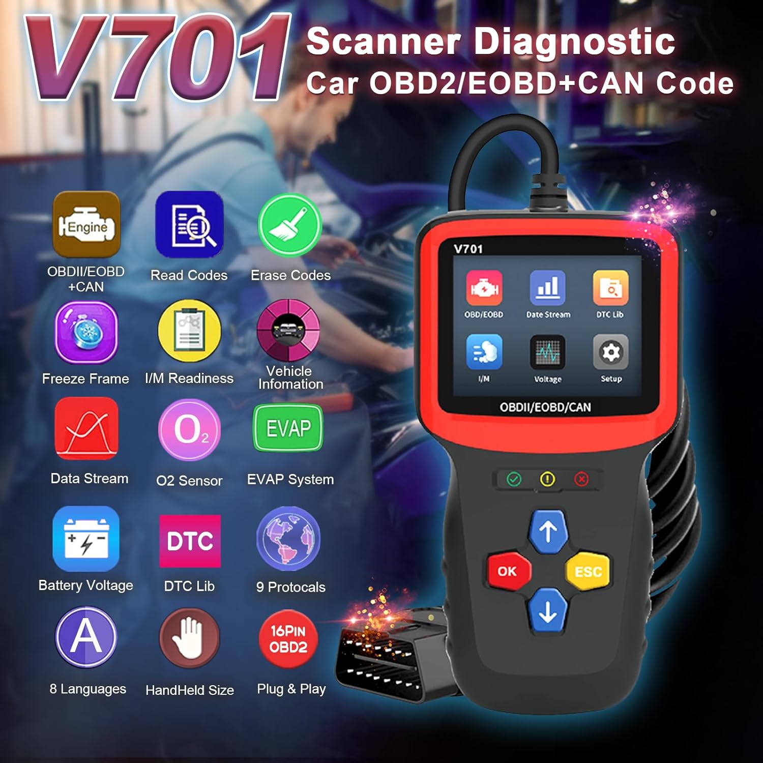 Tester auto universal Full OBD2, diagnoza, cautare DTC, citire si stergere coduri de eroare, multimarca, negru