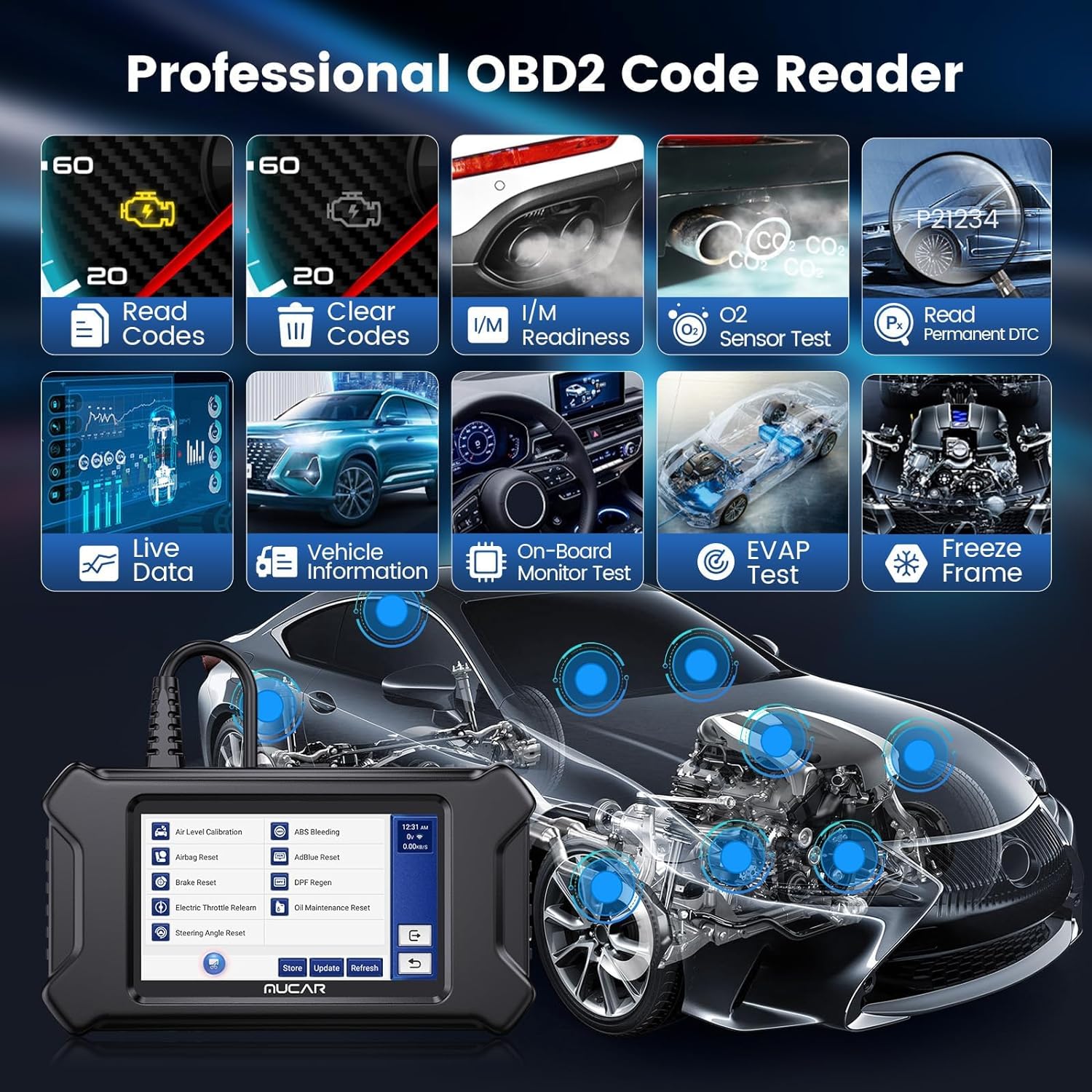 Tester diagnoza auto OBD2 cu 4 diagnostice de sistem ABS/SRS/ECM/TCM si 5 functii service ulei, EPB, SAS, TPMS, ETS, Android 7.0, live data, test senzor O2, test EVAP, multimarca